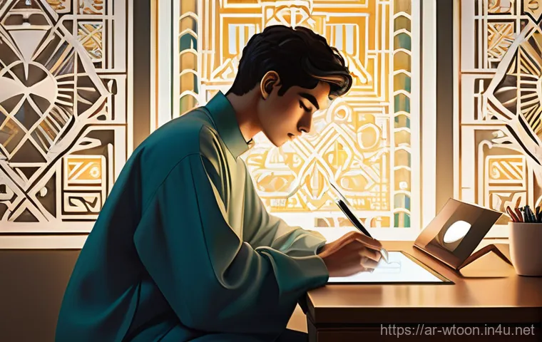 웹툰작가가 알아야 할 저작권 - **Prompt:** A focused and determined young Arab webtoon artist, gender-neutral, wearing a contempora...