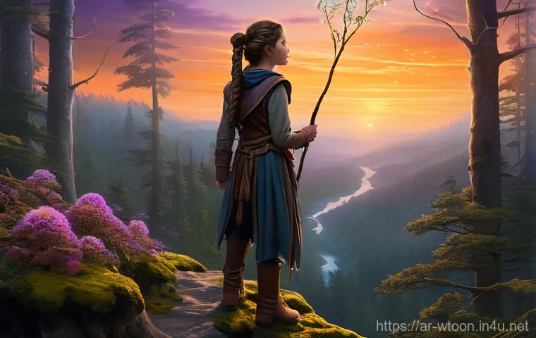 웹툰작가 성공 사례 분석 - **Prompt:** A young adventurer, approximately 18 years old, standing confidently on a mossy cliff ov...