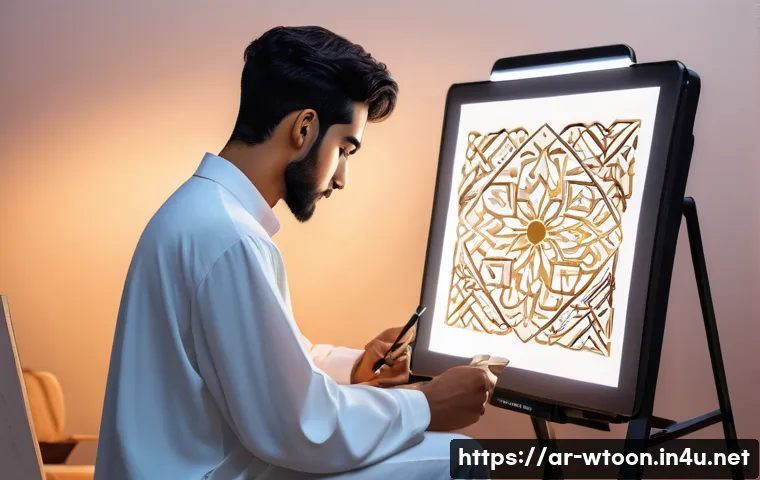 웹툰작가로 시작하는 방법 - **Prompt:** A focused young Arab artist, gender-neutral, wearing comfortable, modest attire such as ...