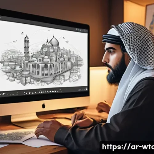 웹툰작가로 성장하기 위한 공부법 - A digital artwork depicting a skilled Arab webtoon artist at work in a modern studio filled with dig...