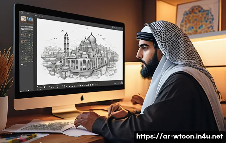 웹툰작가로 성장하기 위한 공부법 - A digital artwork depicting a skilled Arab webtoon artist at work in a modern studio filled with dig...