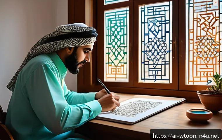 웹툰작가의 성장 일기 - A digital artist&rsquo;s cozy workspace in a modern Middle Eastern home, featuring a high-resolution drawi...