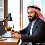 웹툰작가 연봉 협상 전략 - A professional Middle Eastern digital content writer sitting at a modern desk in a cozy home office ...