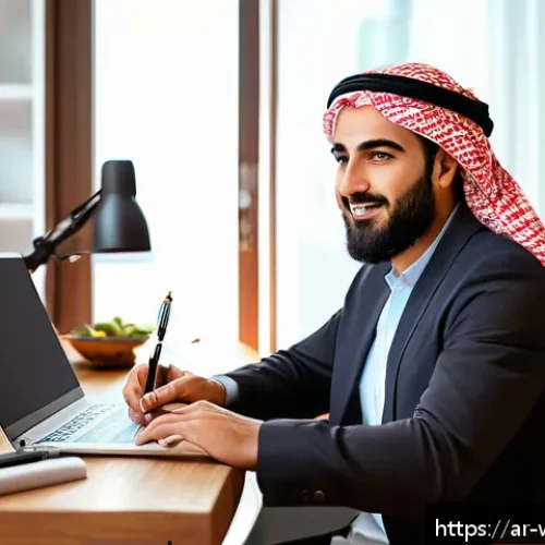 웹툰작가 연봉 협상 전략 - A professional Middle Eastern digital content writer sitting at a modern desk in a cozy home office ...