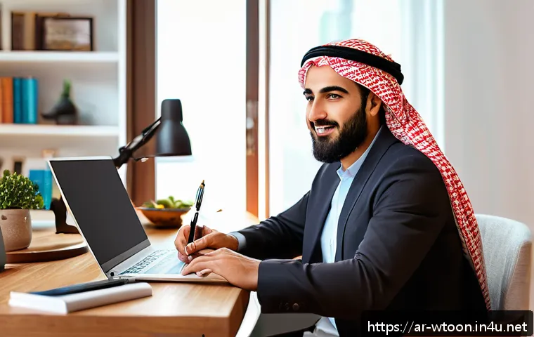 웹툰작가 연봉 협상 전략 - A professional Middle Eastern digital content writer sitting at a modern desk in a cozy home office ...