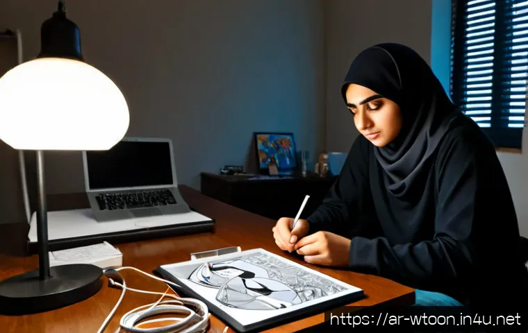 웹툰작가가 피해야 할 실수 - Photorealistic Arab webtoon artist in a modest modern home studio, looking overwhelmed at a cluttere...
